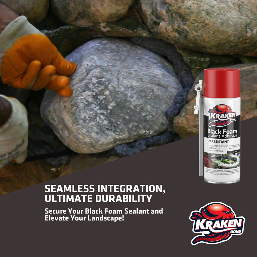 KrakenBond black foam sealant spray can with bold slogan text, designed for sealing, insulating, and landscaping applications.