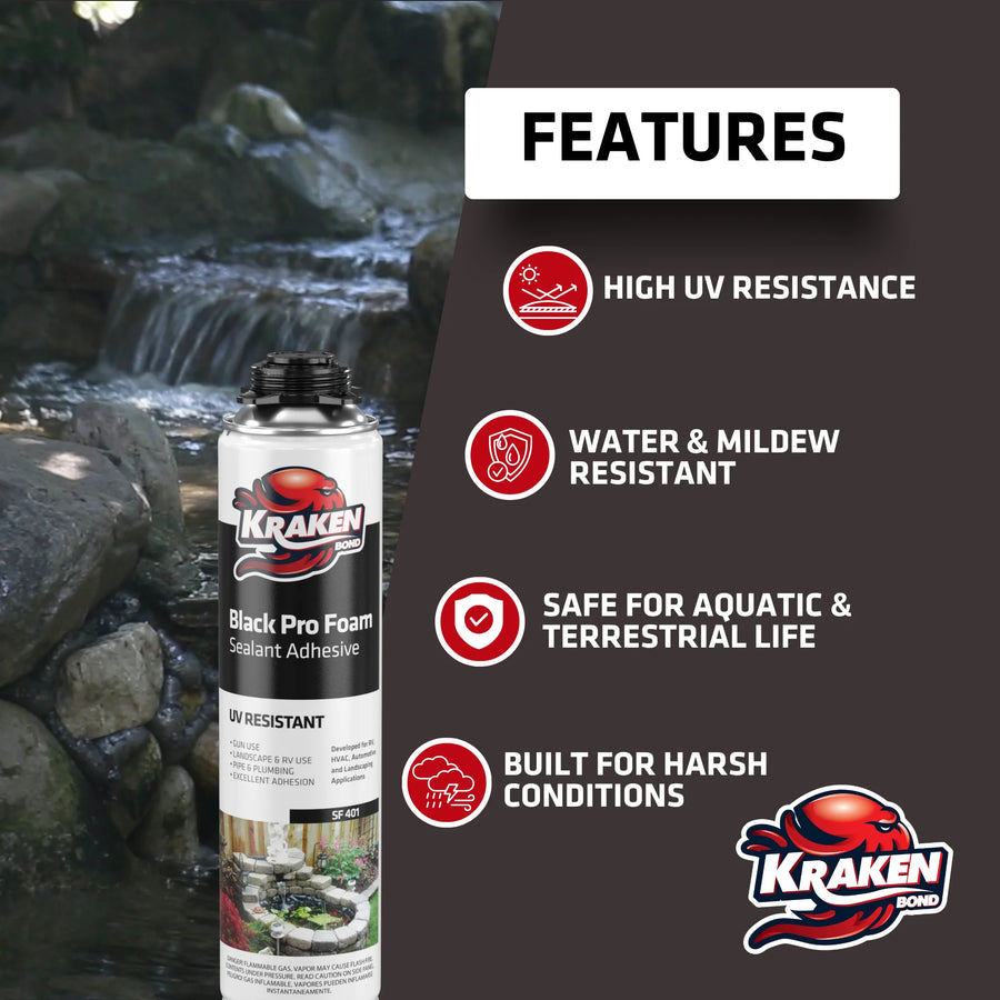 Kraken Bond black foam sealant aerosol can with features list (UV resistant, water & mildew resistant, safe for aquatic & terrestrial life, built for harsh conditions)