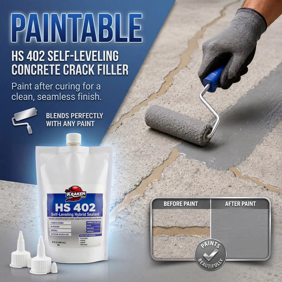 KrakenBond HS-402 self-leveling concrete crack filler and sealant graphic highlighting durable crack repair and sealing performance.