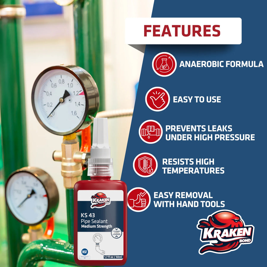Alt text: “KrakenBond KS43 medium-strength pipe sealant for threaded pipe connections and leak prevention.