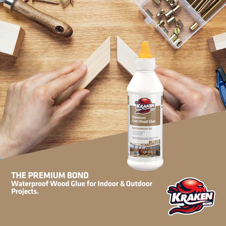 KrakenBond premium fast wood glue product graphic highlighting strong, quick-setting bonding for woodworking applications.