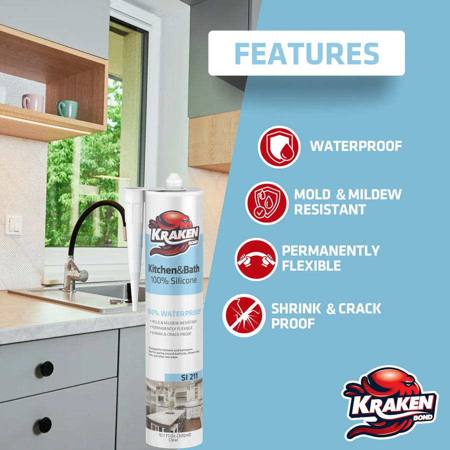 KrakenBond kitchen and bath sealant product graphic highlighting waterproof, mold-resistant sealing for kitchens and bathrooms.