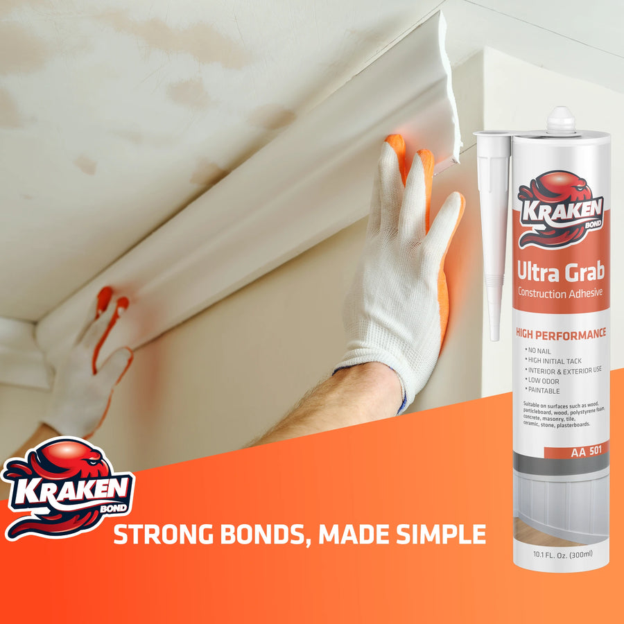 KrakenBond UltraGrab white sealant and adhesive product graphic highlighting strong grab performance and construction bonding features.