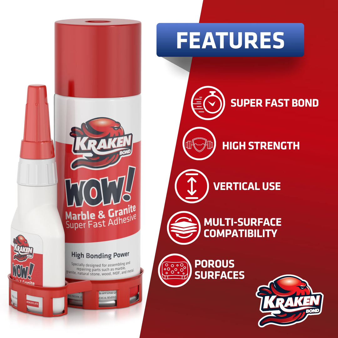 WOW! Marble & Granite Super Fast Adhesive with Accelerator Spray 1.75 oz+6.75 fl oz