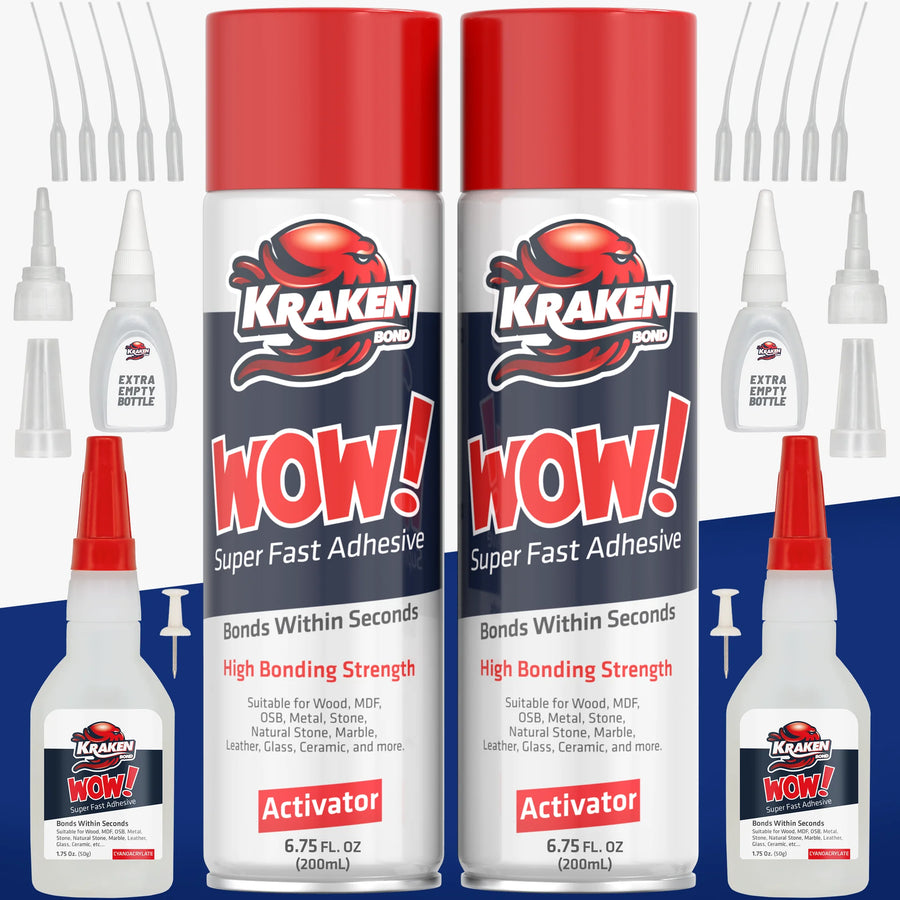 KrakenBond super glue kit with cyanoacrylate adhesive and 200 ml activator spray for fast bonding applications.