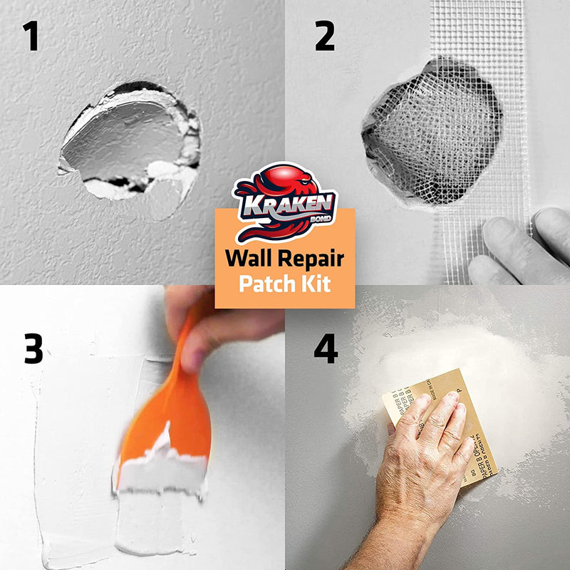 Kraken Bond Wall Patch Repair Kit - Spackle, Drywall Repair Kit, Wall Repair Patch Kit 9.4 fl. oz | Compound, Self Adhesive Patch (Backplate), Putty